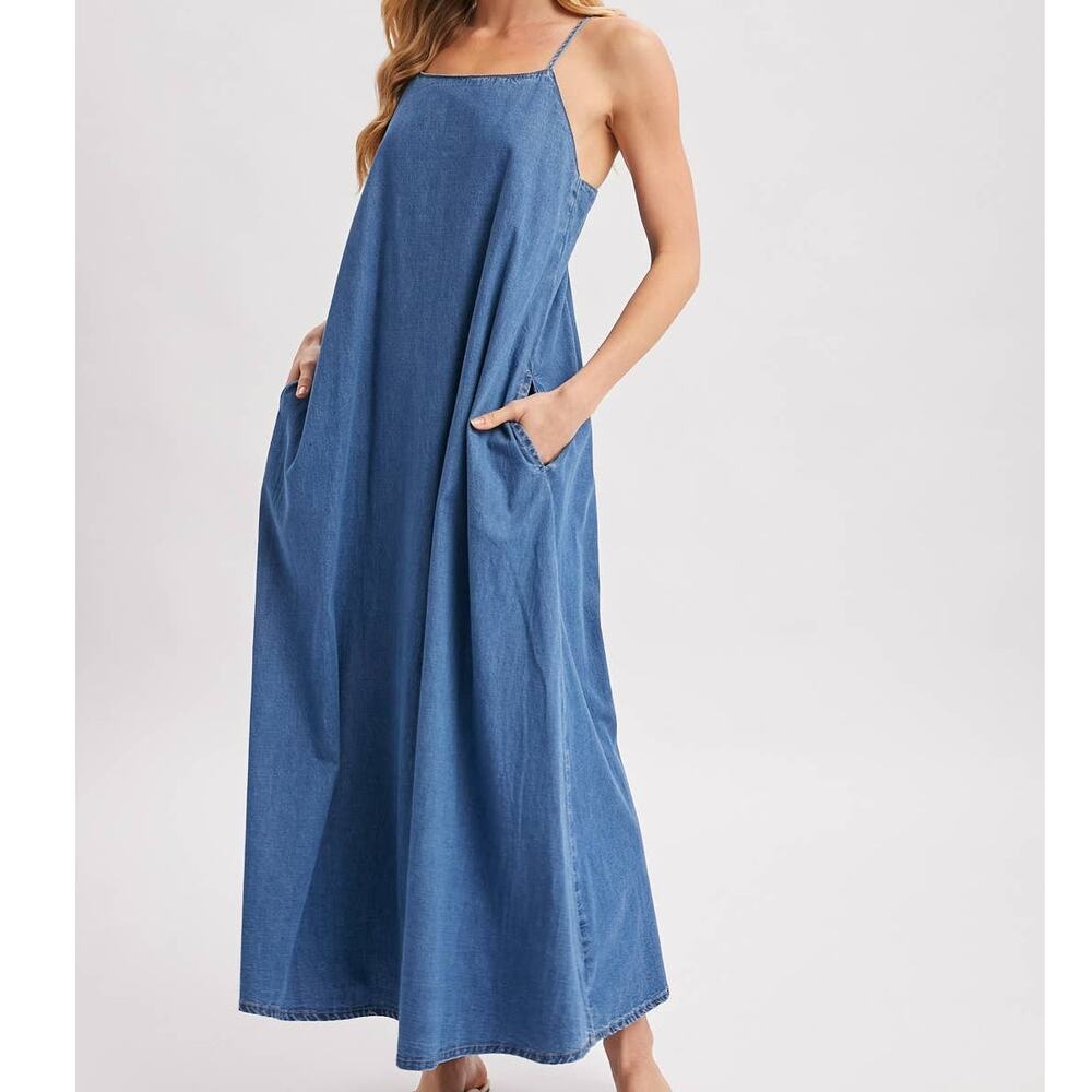 Denim Chambray Open Back Maxi Dress - Sleeveless Tent Dress with Pockets - Picture 3 of 10